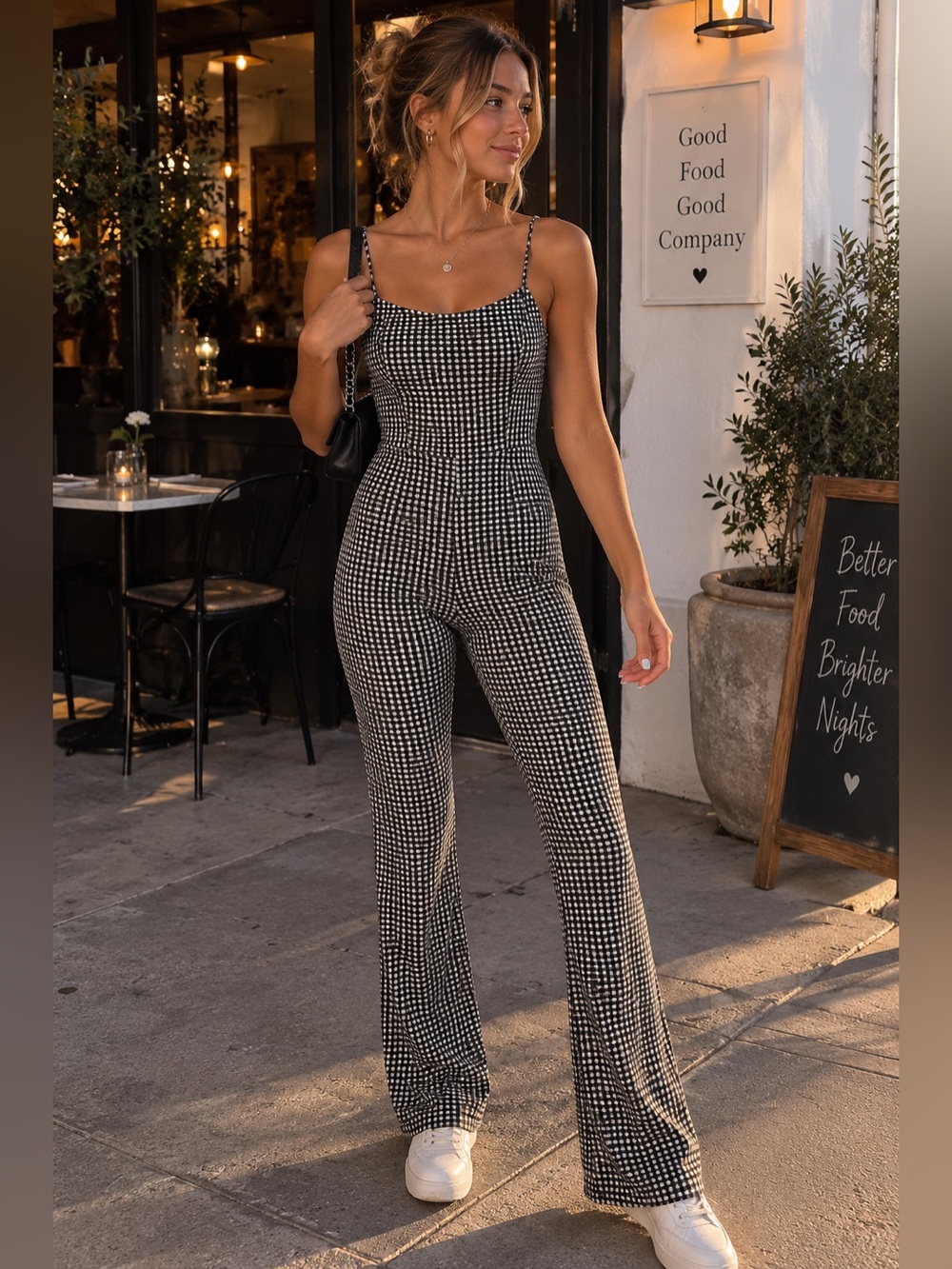 Urban Outfitters Black & White Checked Spaghetti-Strap Jumpsuit